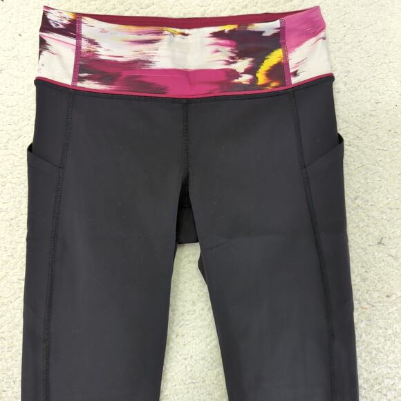Lululemon Pace Rival Crop Leggings Capri Women's 4 Black Patterned Trim Pockets - Picture 3 of 7